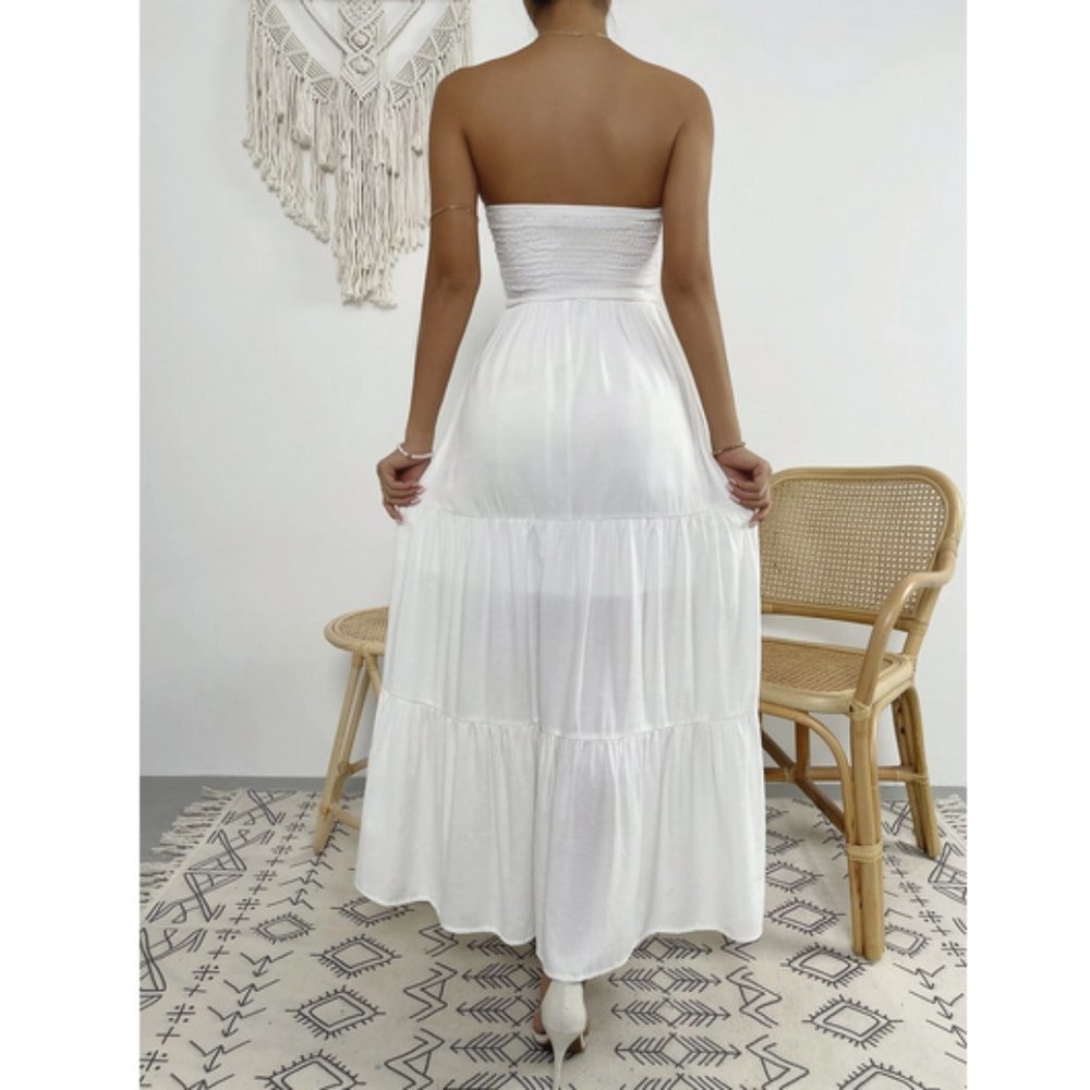 Boho Tie Front Shirred Ruffle Hem Tube Dress WHITE - Picture 6 of 6